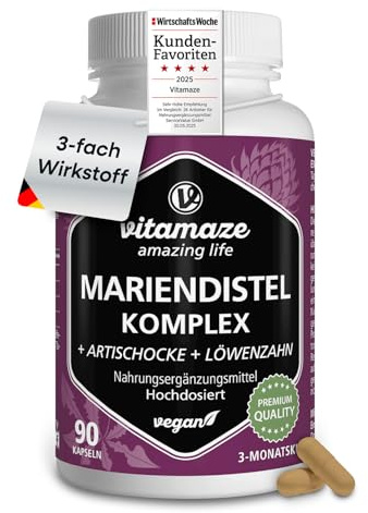 Mariendistel Komplex mit Artischocke + Löwenzahn hochdosiert, 80% Silymarin, 250 mg Extrakt in veganen Kapseln, Natürliche Nahrungsergänzung ohne Zusatzstoffe, Made in Germany