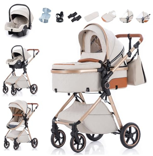 Zkiprm 3-in-1 Kinderwagen Reisesystem mit Autositz | Faltbarer Kinderwagenset | Höhenverstellbarer Griff | inkl. Regenschutz, Fußsack, kühlende Einlage, Getränkehalter & mehr | für 0 bis 3 Jahre