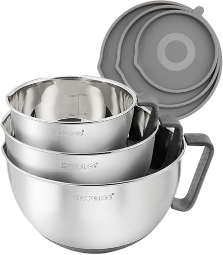 Rorence Rührschüssel Set, 18/8 Edelstahl mit Deckel, 3er Set, Grau | Mixing Bowls mit Ausgießer & Anti-Rutsch-Boden, Küchenschüssel aus Edelstahl 18/8, 1,4L 2,8L 4,7L, Spülmaschinenfest