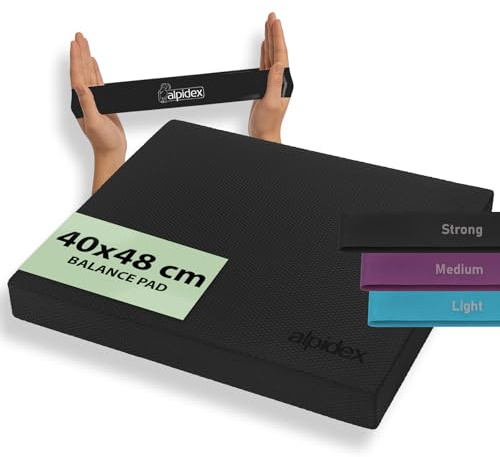 ALPIDEX Balance Pad 48x40x6 cm Balancekissen Schwarz inkl. 3 Fitnessbänder Stabilität Koordination Verbessertes Gleichgewicht Kissen Rutschfest Wackelkissen Balancegerät Gleichgewichtstrainer