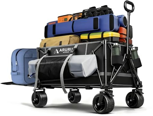 ARURU XXL Bollerwagen Faltbar, Extra Großer Stauraum, Hohe Tragkraft, mit Heckklappe & Becherhalter, Strandwagen All-Terrain für Camping & Einkaufen