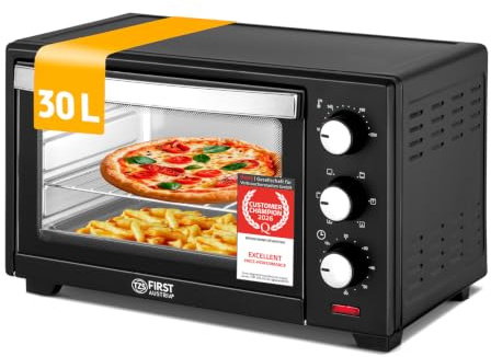 TZS First Austria - Minibackofen 30L 1600W - Mini Backofen stufenlose Temperaturregelung bis 230°C - Miniofen 60 Min. Timer, 3 Einschubhöhen, Backblech & Grillrost - Für kleine Küchen & Camping