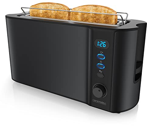 Arendo - Toaster Langschlitz 2 Scheiben - Defrost Funktion - 1000 W - Doppelwandgehäuse - Integrierter Brötchenaufsatz - Bräunungsgrade 1-6 – Display mit Restzeitanzeige - Edelstahl schwarz matt