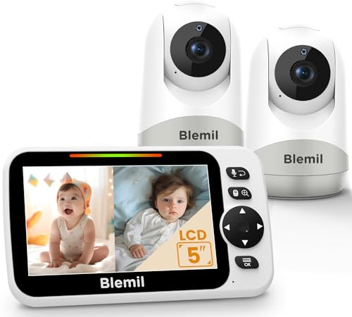 Blemil Babyphone mit 2 Kameras und Audio 30 Stunden wiederaufladbare Batterie, 5 großer geteilter Bildschirm, ferngesteuerte Schwenk-/Neige-/Zoom-Kamera, Zwei-Wege-Gespräch, Nachtsicht, kein WiFi