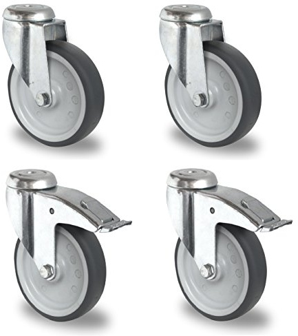 Satz Apparaterolle Lenkrolle mit ohne Bremse 100 mm ohne Feststeller Gummi grau-spurlos Rückenloch Möbelrolle Transportrolle