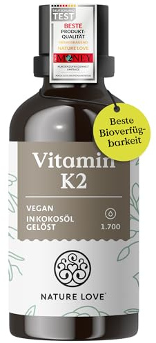 NATURE LOVE® Vitamin K2 MK7-200µg - 1700 Tropfen (50ml) - Höchster all-trans-Gehalt 99,7+% - Hochwertig: K2VITAL® von Kappa - gelöst in MCT Kokos-Öl - Hochdosiert, vegan & in Deutschland produziert