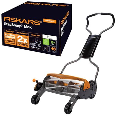 Fiskars Spindelmäher, Rasenmäher mit berührungslosem Schneidesystem, Schnittbreite: 46 cm, StaySharp Max, Schwarz/Orange/Silber, 1000591