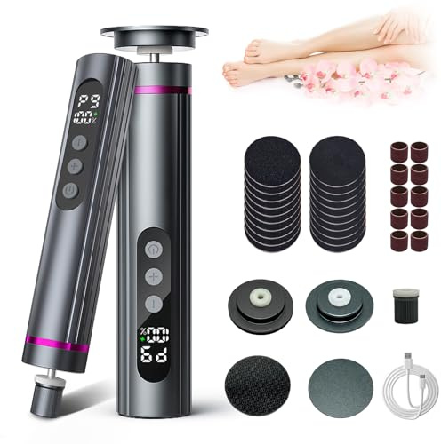 RoserRose 3 in 1 Elektrischer Hornhautentferner, Haarentferner, Nagelfeile, 9 Geschwindigkeiten mit LED-Anzeige, 3 Austauschbaren Wechselköpfen für Fußpflege Hair Remover Maniküre Set, Grau