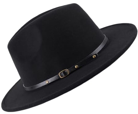 VASANA Fashion Classic Unisex Verstellbarer Fedora Hut Breite Krempe Flache Kirche Derby Cap mit Gürtelschnalle Jazz Hut Filz Panama Hut für Männer und Frauen (Schwarz)