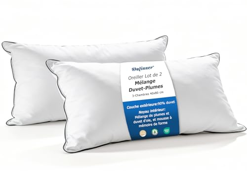 Dafinner 2er 3-Kammer-Daunenkissen 40 × 80 cm┃ 90% Daunen Außenkammer┃ Feder-Mischung Innenkammer ┃Oeko-TEX ┃Downpass ┃ Mittlere Unterstützung│Bio-Baumwoll