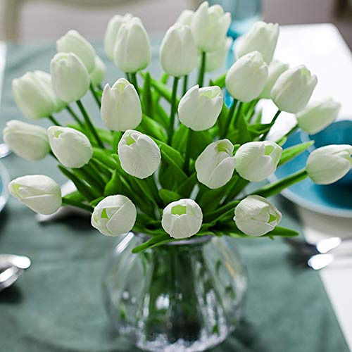Veryhome Tulpen Künstlich Wie Echt Künstliche Tulpen Blumen Latexmaterial Real Touch Blumensträuße für Hochzeitszimmer Zuhause Hotel Partydekoration DIY Dekor （ Weiß - 20Stück ）