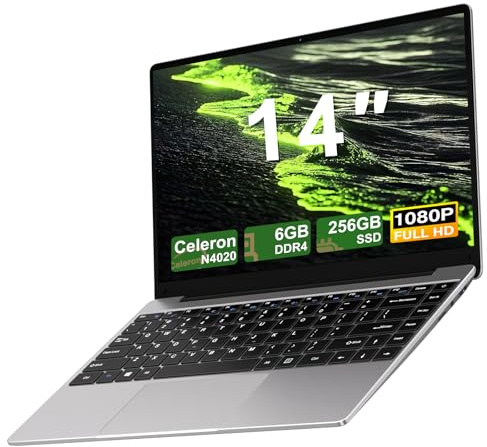 NOTODD 2025 Laptop 14 Zoll Win 11 Pro 6GB RAM 256GB SSD Unterstützung 1TB (TF 1TB) Notebook Celeron N4020 (bis2.8GHz) 5000mAh 1920x1080p WiFi Deutscher Tastaturschutz und kabellose Maus-Grey