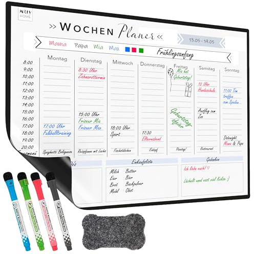 Rosenfeld Magnetischer Wochenplaner Whiteboard - Abwischbare Magnet-Tafel für den Kühlschrank inklusive 4 magnetischer Marker und Radierer (Klassisch)