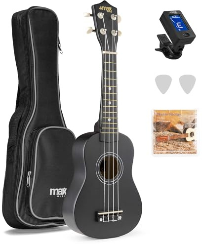 MAX UKEY Ukulele Komplett Set inkl. Plektren, digitalem Stimmgerät und Tasche, 21 mini Gitarre, Ukulele Erwachsene mit Zubehör für Anfänger, Soprano, 4 Nylon Saiten, 12 Bünde - Schwarz