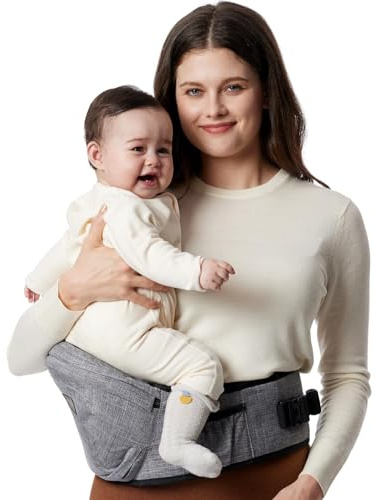 Momcozy Hüfttrage Baby - Originaler 3D-Bauchschutz & EVA-Massageplatte, Ergonomische Babytrage mit Taschen für Neugeborene und Kleinkinder bis 20 kg, Leichtgewicht (Grau, Mittelgroß)