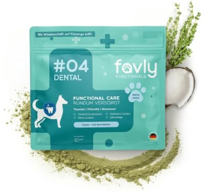 FAVLY DENTAL Zahnpflege Pulver für Hunde und Katzen 250g gegen Maulgeruch | Mit Chlorella, Salbei & Naturmoor, kann Zahnstein & Zahnbelag lösen, für frischen Atem, ohne Getreide & Zusätze