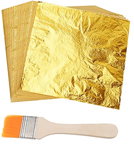 ASTARON 100 Blatt Blattgold Imitation Blattgold mit Pinsel zum Basteln, Goldflocken für Nägel, Holz, Möbel Dekoration(14x14cm) (Nicht Essbar)