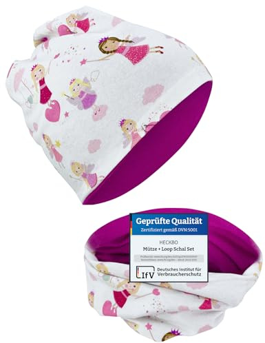 HECKBO Fee Beanie & Halstuch Set - Wendemütze 2-8 Jahre - Baumwolle - Kinder Beanie - Dünner Loop Schal für Mädchen (48–54 cm)