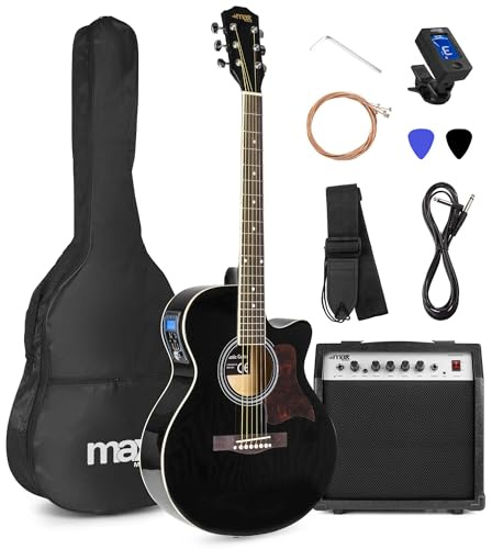 MAX ShowKit Elektro Akustik Gitarre Set mit Verstärker 40 Watt, Schwarz | Plektrum E Akustikgitarre Tonabnehmer, Gitarrentasche, Gitarrenstimmgerät, Instrumentenkabel, Westerngitarre, Gitarren Set