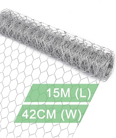 Hasendraht Kaninchendraht Hühnerdraht Verzinkt Silber –42CM x 15M Sechseckgeflecht Maschendraht 25 mm Maschenweite, 0,6 mm Drahtstärke, Drahtzaun für Garten, Tierzäune, Pflanzenschutz & DIY