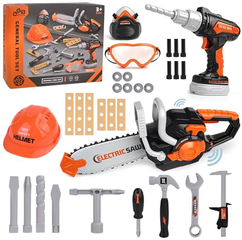 32 teiliges Werkzeugkoffer Kinder, Werkzeug Set Kinder Geschenk Junge 3 Jahre, mit Motorsäge, Elektrische Bohrmaschine, Kinderspielzeug ,Bauhelm,Rollenspielzeug für Jungen ab 3, 4, 5 Jahren