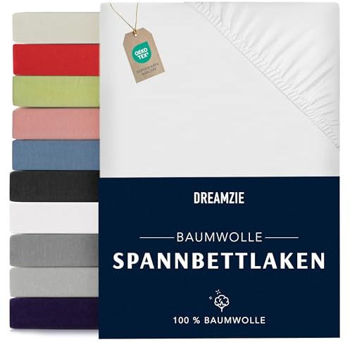Dreamzie - Spannbettlaken 90x190/200cm - Baumwolle Oeko Tex Zertifiziert - Weiß - 100% Jersey Spannbetttuch 90x190/200