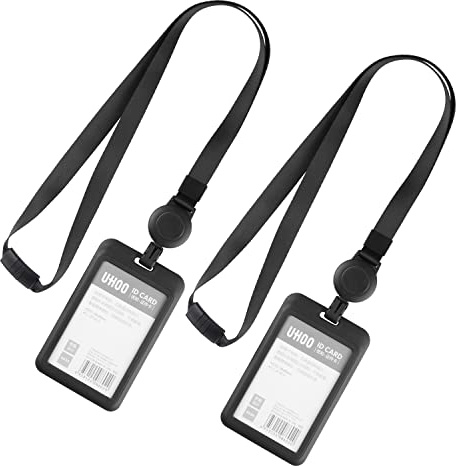 2 Ausweishalter mit Ausziehbarem Lanyard, Vertikal, Schwarz | Robuster Kunststoff, Transparentes Fenster, 68 cm Auszug, Sicherer Halt, für Büro, Schule und Events