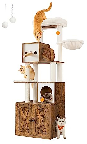 Feandrea Kratzbaum, Katzenbaum mit Katzenklo-Schrank, 178 cm hoch, Katzenkratzbaum, Kratzsäule, Plattform, waschbares Kissen, vintagebraun PCT116X01