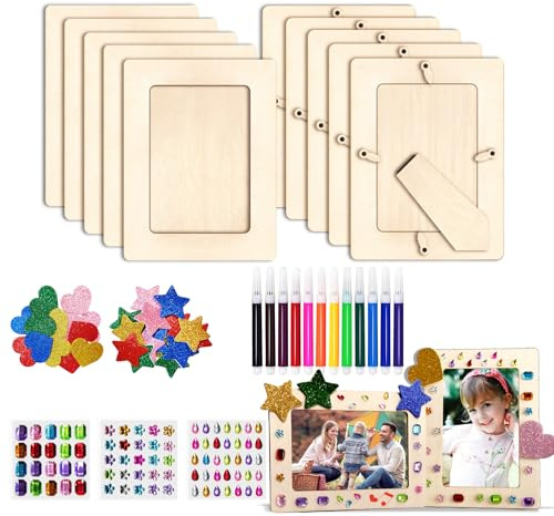 Aurinovellia Bilderrahmen Holz Set 10 Stück, DIY Bastelset mit 3 Sorten Glitzersteinen & 3D Sternstickern, Holzbilderrahmen, Holzrahmen Leerrahmen zum Bemalen für Kinder Geburtstage 20x14.8cm