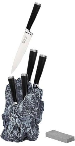 STONELINE EXCALIBUR Messerblock bestückt mit 5 Edelstahl Messer Rostfreier Spezialklingenstahl, Schleifstein, Profi Messer Set mit Block in Felsform, Kochmesser Allzweckmesser Schälmesser Küchenmesser