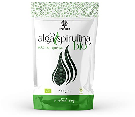 ERBOTECH Spirulina Tabletten, 200g Packung, ca. 800 Kapseln, 100% Reine und Vegane Meeresalgen, Energiequelle, reich an Proteinen, Vitaminen, Magnesium, Stärkt das Immunsystem