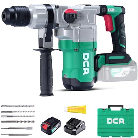 DCA Akku Bohrhammer 20V, 4.5 J Schlagenergie und 3800 BPM, 4 Stück 28mm SDS-Plus, Bürstenloser Hochleistungsbohrhammer mit Vibrationskontrolle, 5.0Ah Akku, 4A Schnellladegerät und Sicherheitskupplung