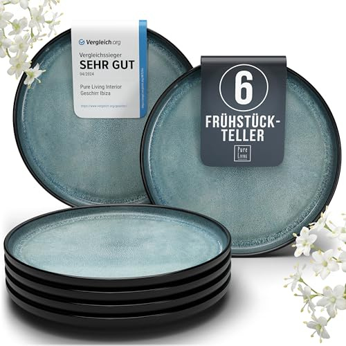 Steingut Frühstücksteller 6 Personen Ibiza TESTSIEGER, Traumhaftes Mediterranes Steingut Dessertteller Set, Kleine Teller, Salatteller - Pure Living in Petrol