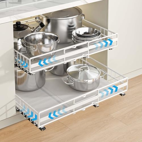 SeiriHelper 2PCS Teleskopschublade Ausziehbare Küche Schublade, Auszug Nachrüsten Schubladeneinsatz, Küchen und Schrankorganizer mit Klebestreifen- Ohne Bohren (Weiß+Weiß, 31-49/39/8cm+32-51/41/8cm)