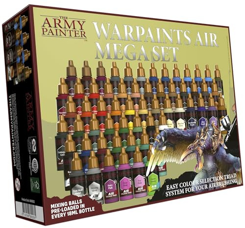 The Army Painter, Warpaints Air Mega Set, 60x18ml Airbrush Acrylfarben | Vorgemischte Acrylfarben für Airbrush, Inkl. 9 Metallics und 1 Fluo, Airbrush Farben Set für Modellbau- und Miniaturfarben