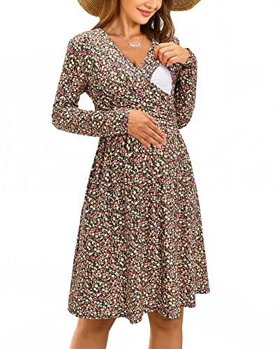 OUGES Midi Damen Stillkleid Lange Ärmel Umstandskleid V-Neck Schwangerschaftskleid für Fotoshooting-M