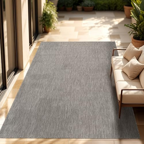 Paco Home Outdoor Teppich, Wetterfest Pflegeleicht Küchenteppich Ideal für Terrasse Balkon Garten, Flachgewebe Sisaloptik Modern Einfarbig meliert, 120x160 cm Rechteckig, Grau