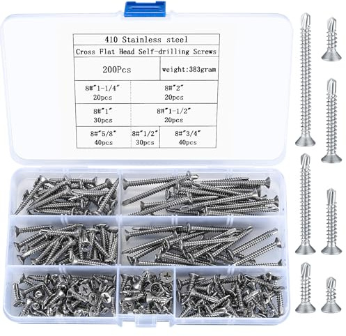 200 Stück selbstbohrende Schrauben, Kreuz Flachkopf Holzschrauben, Edelstahl Selbstschneidende Schrauben mit Bohrenden, Senkblechschrauben - M4.2 * 13mm/16mm/19mm/25mm/32mm/38mm/50 mm (silbrig)