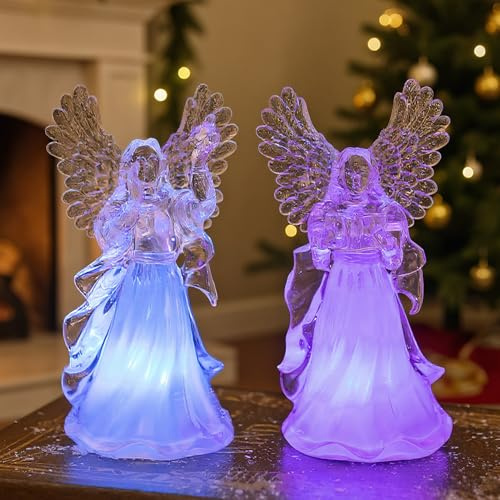 Weihnachtsdeko Engel Figur, Weihnachtsengel Figuren mit LED Bunte Licht, Transparent Weihnachtsfiguren Engel aus Acryl, 2 PCS Leuchtende Weihnachtsengel Figuren für Weihnachtsdeko Innen, Tischdeko (A)