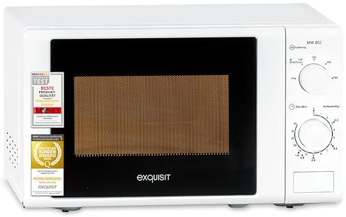 Exquisit Mikrowelle | 20 l Garraum, 700 W Ausgangsleistung, 5 Leistungsstufen, Standgerät | Auftaufunktion, manuelle Steuerung, mechanische Zeitschaltuhr, Glas-Drehteller | MW 802