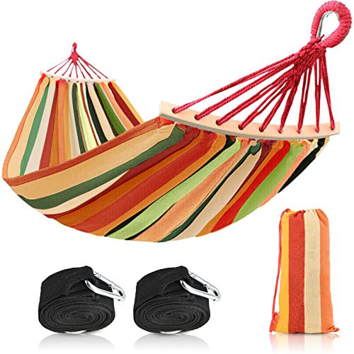 Hängematte 200 x 150cm, Camping Hangematte mit Schwebebalken, Extra große Segeltuch Hängematte Tragbare mit Tragetasche bis 300kg für Hof Garten (Bunt)
