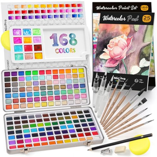 Nicpro 168 Farben Aquarellfarben Set von enthält Metallic Macaron Fluorescent, 8 Malpinsel, 25 Aquarellpapiere, Palette, Künstlerbedarfsset für Künstler, Erwachsene, Anfänger mit Box