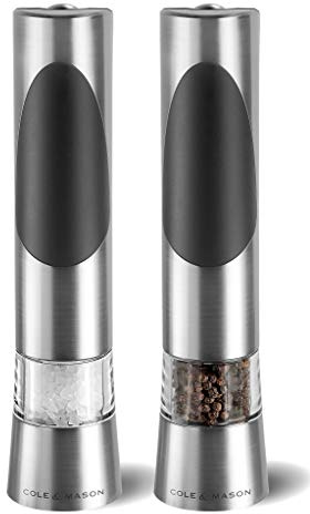 Cole & Mason Richmond Salz und Pfeffer Mühle Elektrisch 2er Set, Keramikmahlwerk, Gewürzmühlen, Chrom/Acryl, 215mm, Geschenkset
