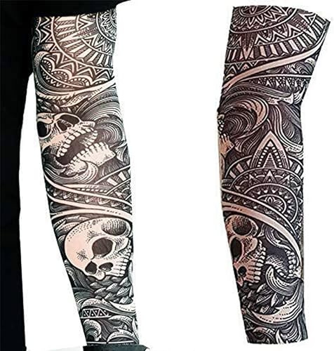 Tatodays 2 x Tattoo-Armstulpen Fake-Nylon-Elastikstrumpf voller Arm Totenköpfe Halloween dehnbar für Erwachsene zum Hineinschlüpfen Biker Gothic Rosen Stammes Kostüm (Adults)