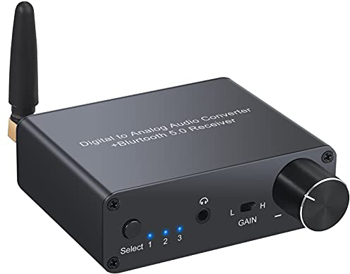 LiNKFOR Digital Analog Audio Konverter 192KHz Bluetooth DAC mit Kopfhörerverstärker mit DAC Netzteil mit Bluetooth Empfänger V5.0 D/A Adapter mit Optischem Kabel und Koaxial Kabel