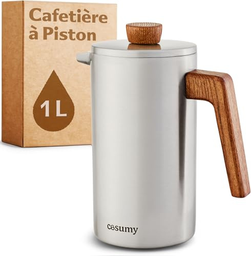 Cosumy French Press aus Edelstahl und FSC Holz - 1 Liter - Doppelwandige Thermo Isolierung - Große Kaffebereiter mit 2 Ersatzfiltern