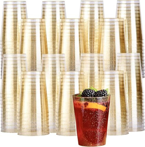 MATANA 100 Hartplastik Partybecher mit Goldglitter (285ml / 10oz) - Plastikbecher, Becher Gold, Trinkbecher, Kunststoffbecher für Geburtstage, Hochzeiten & Partys - Stabil & Mehrweg