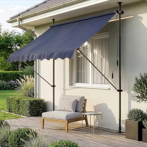 pro.tec Klemmmarkise Stem Markise ohne Bohren 150 x 120 x 220-309 cm Balkonmarkise mit Handkurbel Sonnenschutz Stahlgestell Dunkelblau
