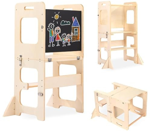 Labebe Lernturm für Kinder, Faltbarer Montessori Learning Tower, 3 in 1 Tritthocker Lernstuhl Kinderhocker mit Tafel, Montessori Küchenhelfer Lernturm ab 18 Monate (Holz)