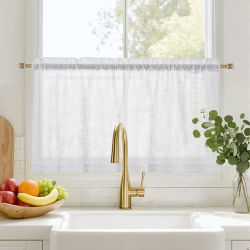 PONY DANCE Scheibengardinen Weiss Leinenoptik Gardinen H 60 x B 130 cm | 1er Set, Gardine Weiss Halbtransparent, Vorhang Kurz, mit Stangendurchzug, Landhausstil, Sichtschutz, für Kleine Fenster